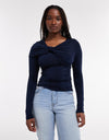 TOPSHOP Irina Long Sleeve Draped Top, Navy
