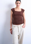 TOPSHOP Mette Ribbed Square Neck Top, Brown