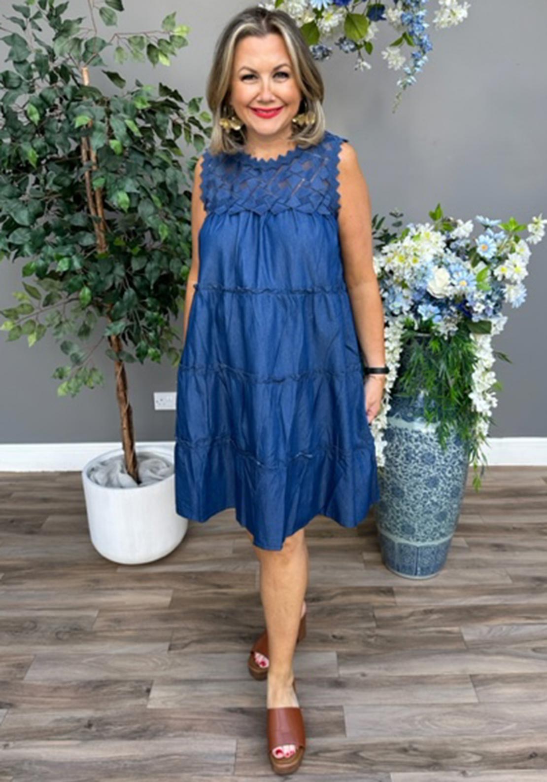 Serafina Collection One Size Tiered Smock Dress, Blue