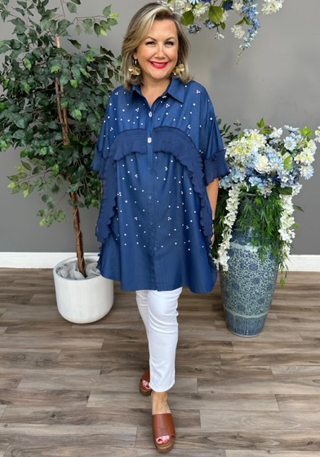 Serafina Collection One Size Embellished Shirt, Blue