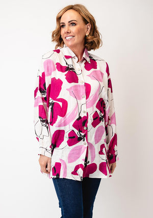 Thanny One Size Linen Floral Shirt, Pink and Cream