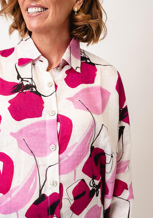 Thanny One Size Linen Floral Shirt, Pink and Cream