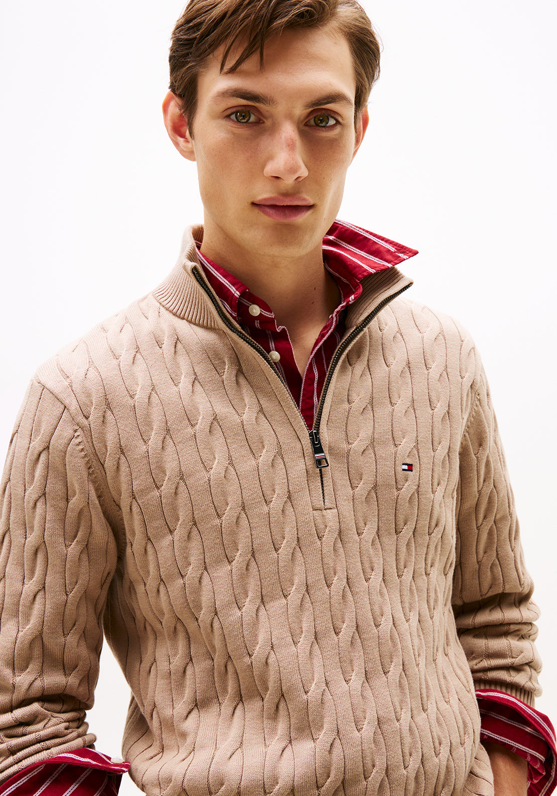 Tommy Hilfiger Classic Cotton Cable Knit Half Zip Sweater, Taupe
