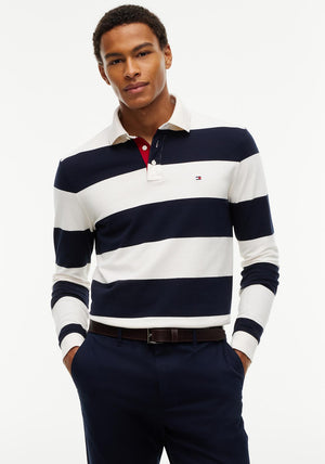 Tommy Hilfiger Rugby Stripe Long Sleeve Polo Shirt, Navy & Ivory