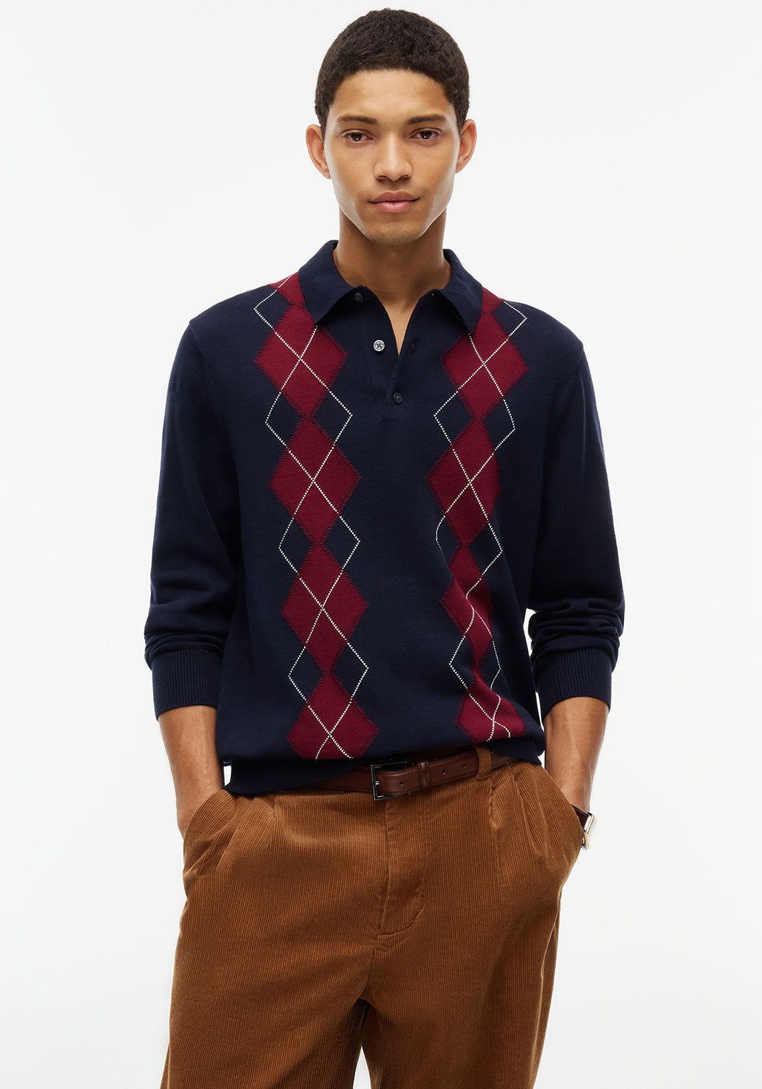 Tommy Hilfiger Argyle Knit Long Sleeve Polo Shirt, Navy Multi