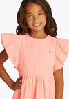 Tommy Hilfiger Girl Textured Frill Sleeve Dress, Coral