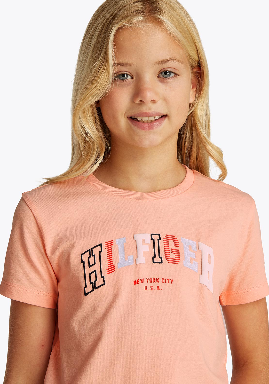 Tommy Hilfiger Girl Short Sleeve Varsity Tee, Coral