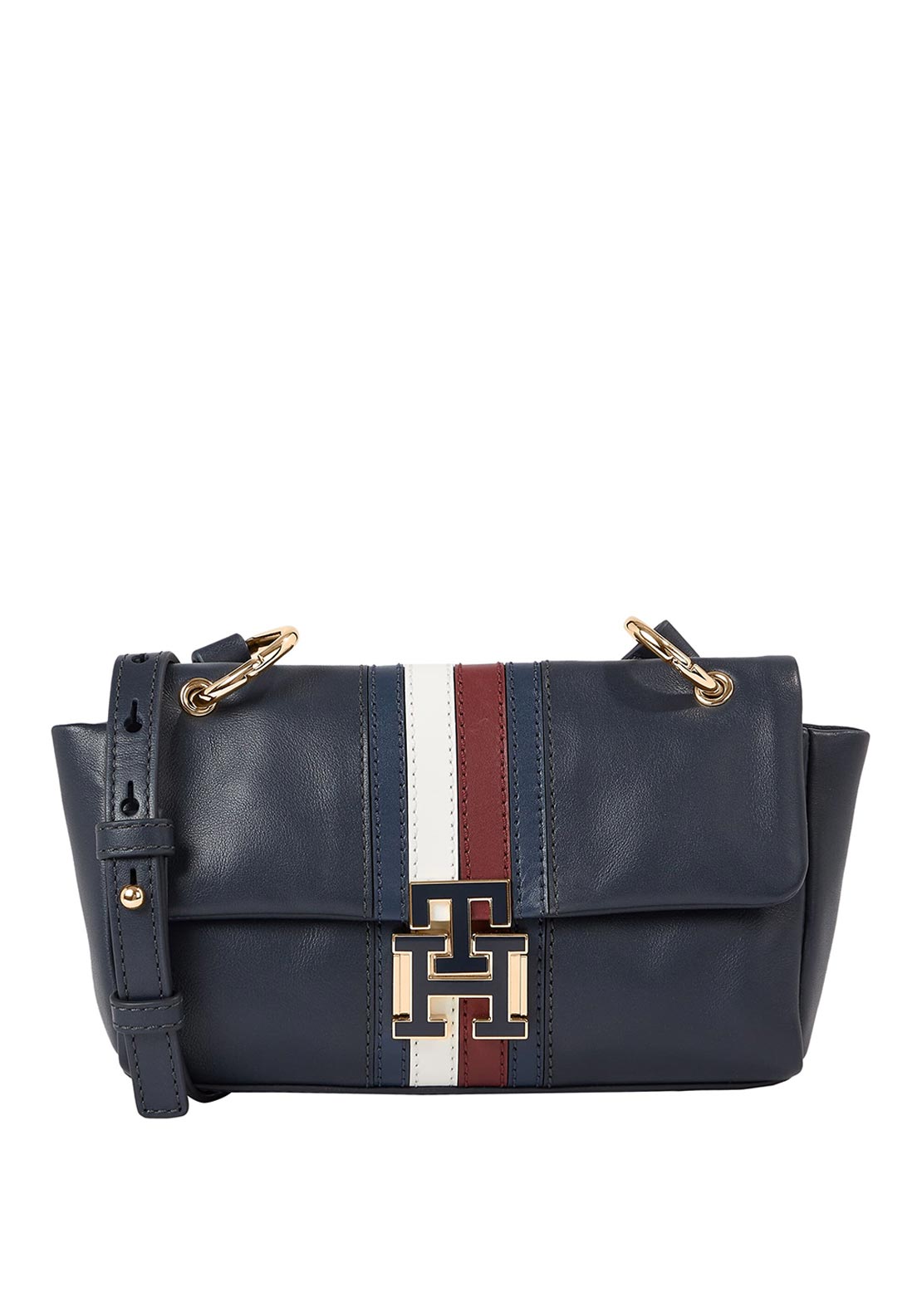 Tommy Hilfiger Pushlock Leather Signature Stripe Crossbody Bag, Navy