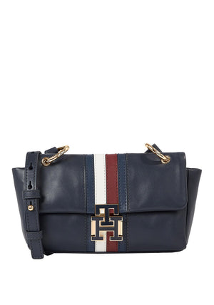 Tommy Hilfiger Pushlock Leather Signature Stripe Crossbody Bag, Navy