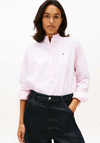 Tommy Hilfiger Womens Oxford Ruffle Half Button Shirt, Pink