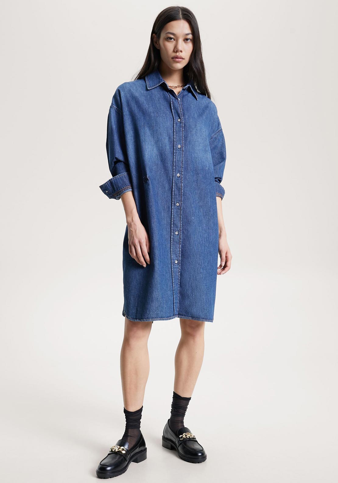 Tommy Hilfiger Womens Gathered Waist Denim Dress, Medium Blue