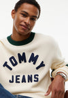 Tommy Jeans Classic Logo Appliqué Sweater, Cream & Green Multi