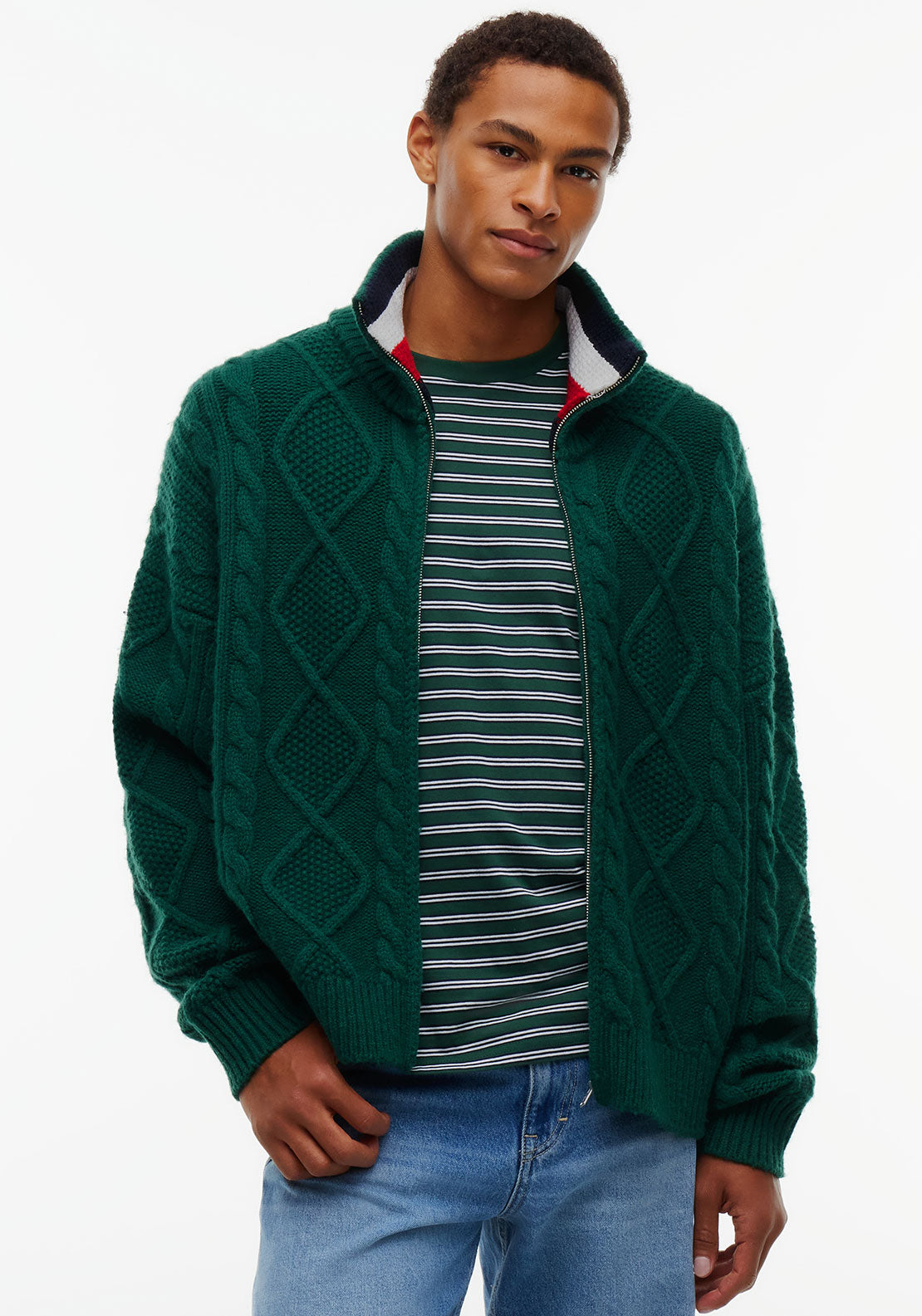 Tommy Jeans Heavy Cable Knit Full Zip Cardigan, Velvet Green