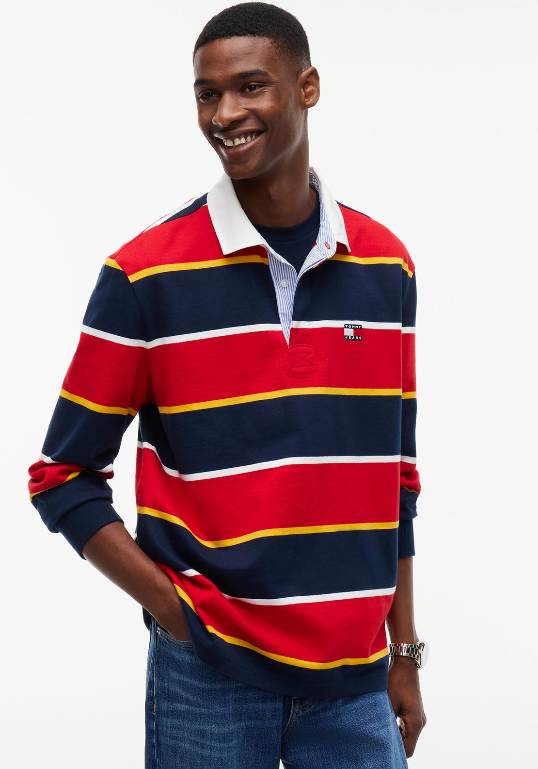 Tommy Jeans Badge Striped Rugby Shirt, Red Multi