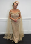 Veni Infantino Beaded Tulle Sleeve Gala Dress, Bronze Gold