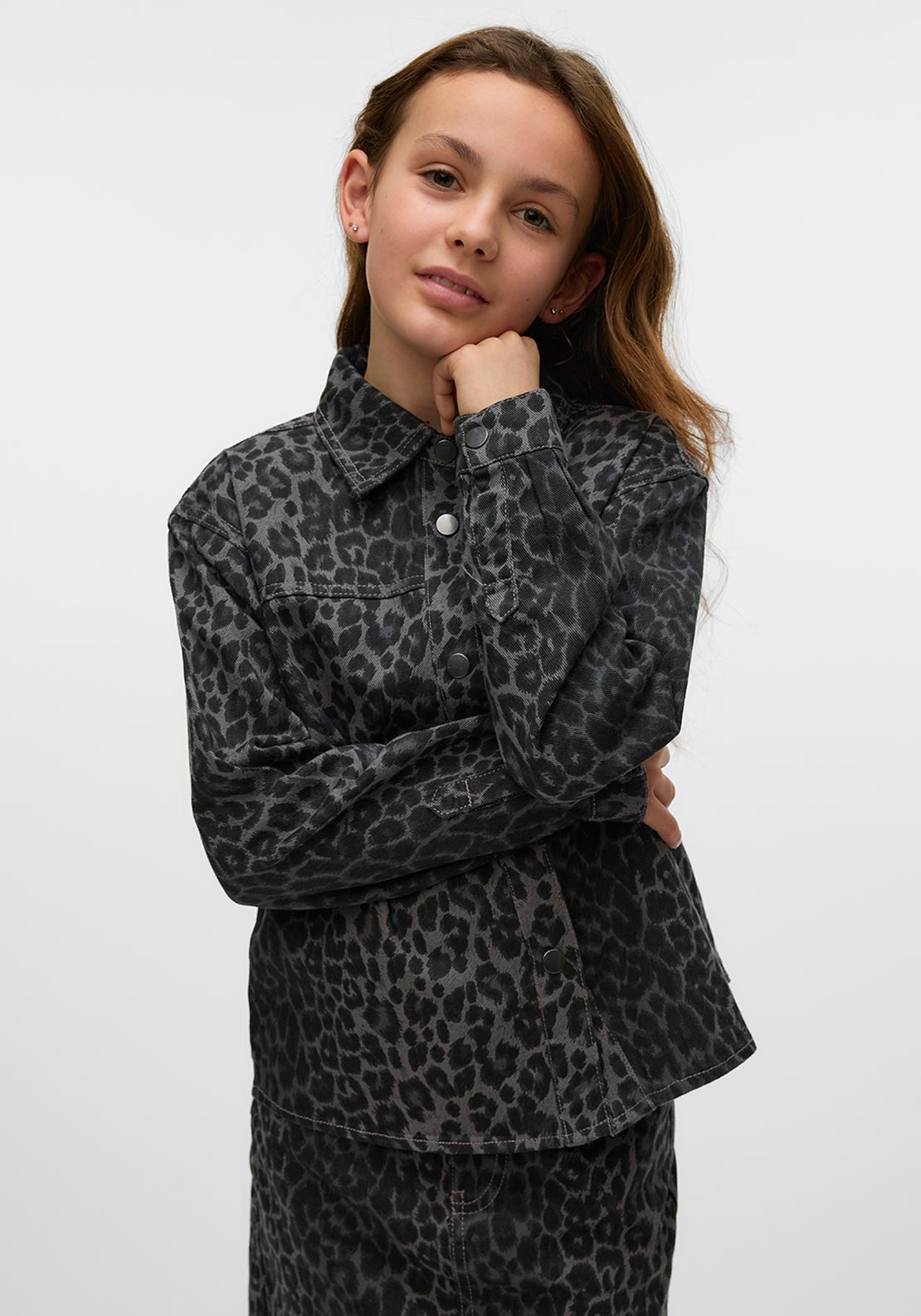 Vero Moda Girl Lenora Hayden Leopard Denim Shirt, Grey