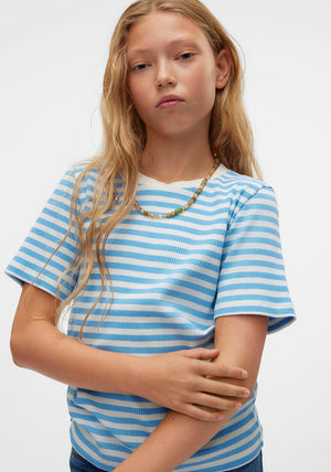 Vero Moda Girl Vilma Stripe Short Sleeve Tee, Azure Blue