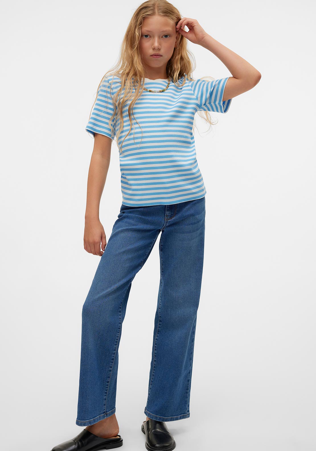 Vero Moda Girl Vilma Stripe Short Sleeve Tee, Azure Blue