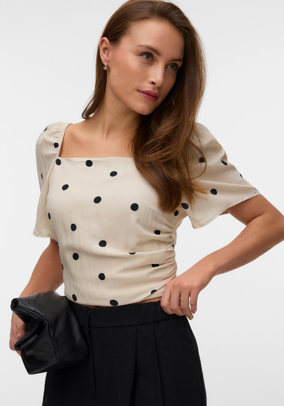 Vero Moda Pollie Square Neck Polka Dot Top, Ecru & Black - McElhinneys