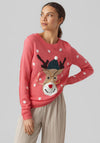 Vero Moda Deer with Sequin Spectacles Christmas Jumper, Hot Pink