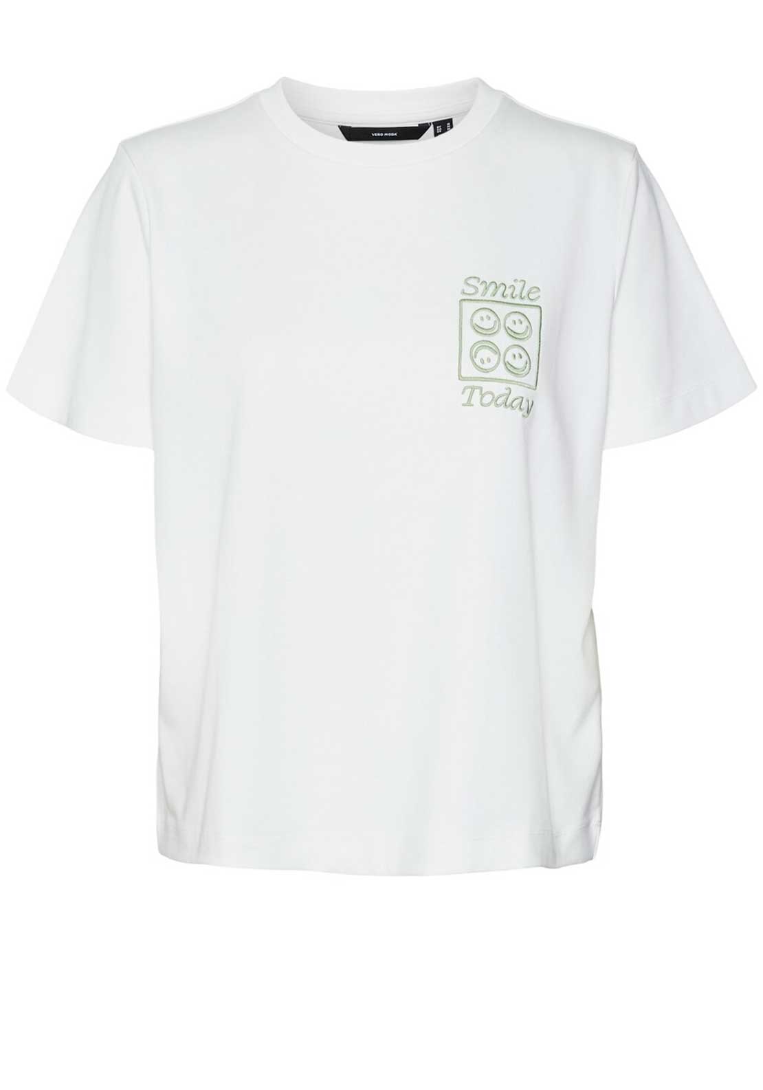 Vero Moda Sara Smiley Embroidered T-Shirt, White & Green