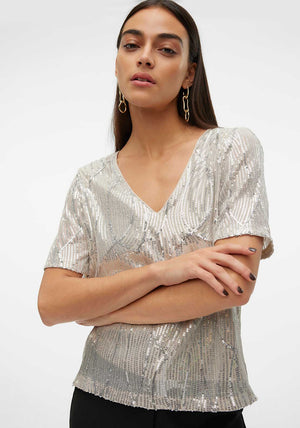 Vero Moda Ellen Sequin T Shirt, Champagne