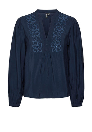 Vero Moda Kari Embroidered V Neck Blouse, Navy