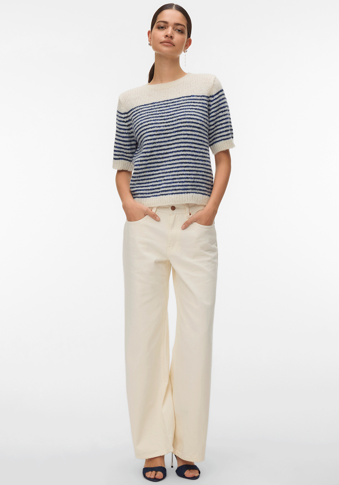 Vero Moda River Striped Short Sleeve Sweater, Blue