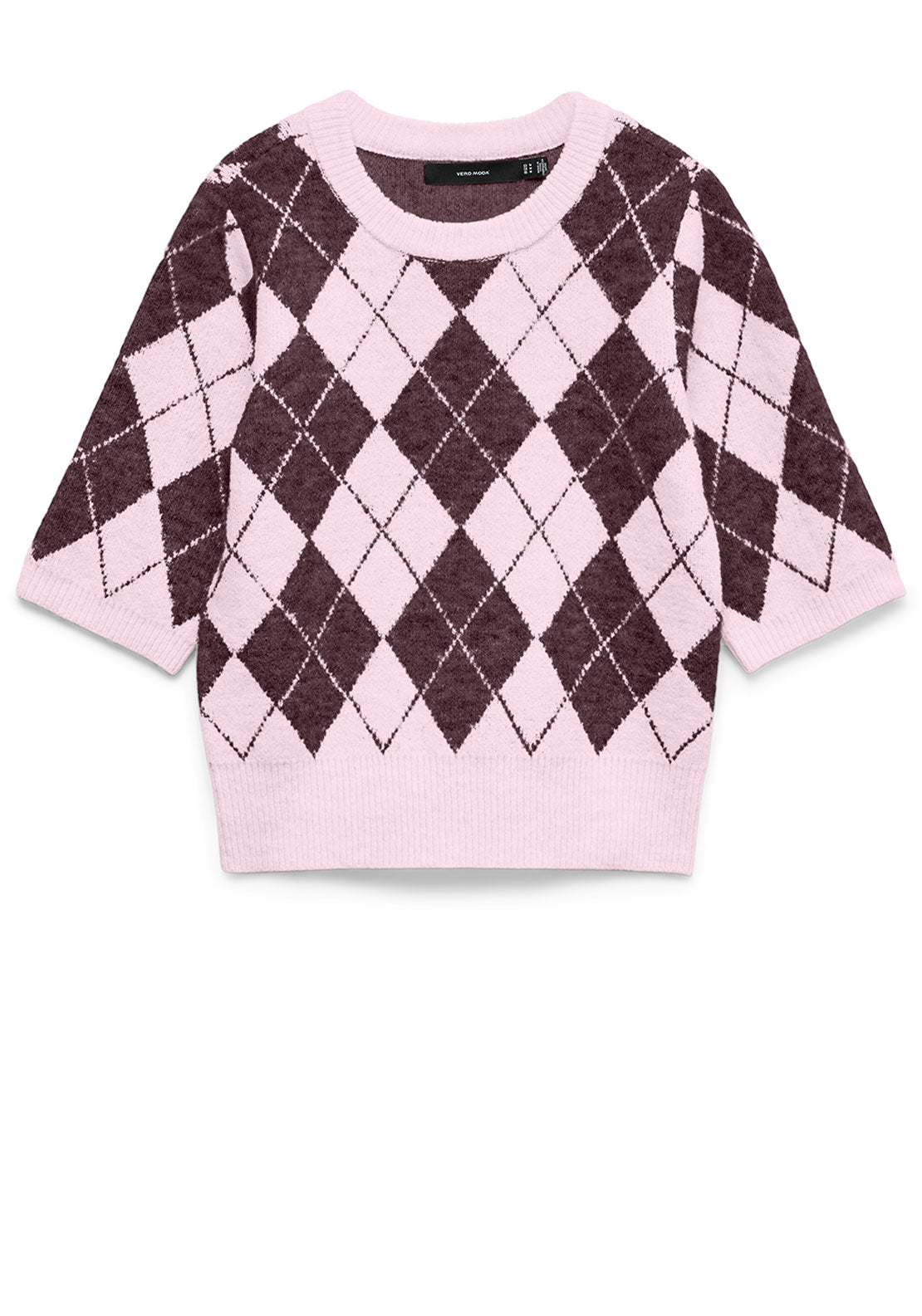 Vero Moda Hal Diamond Knit Short Sleeve Sweater, Pink and Wine