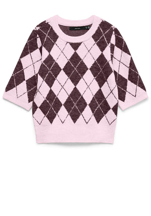 Vero Moda Hal Diamond Knit Short Sleeve Sweater, Pink and Wine