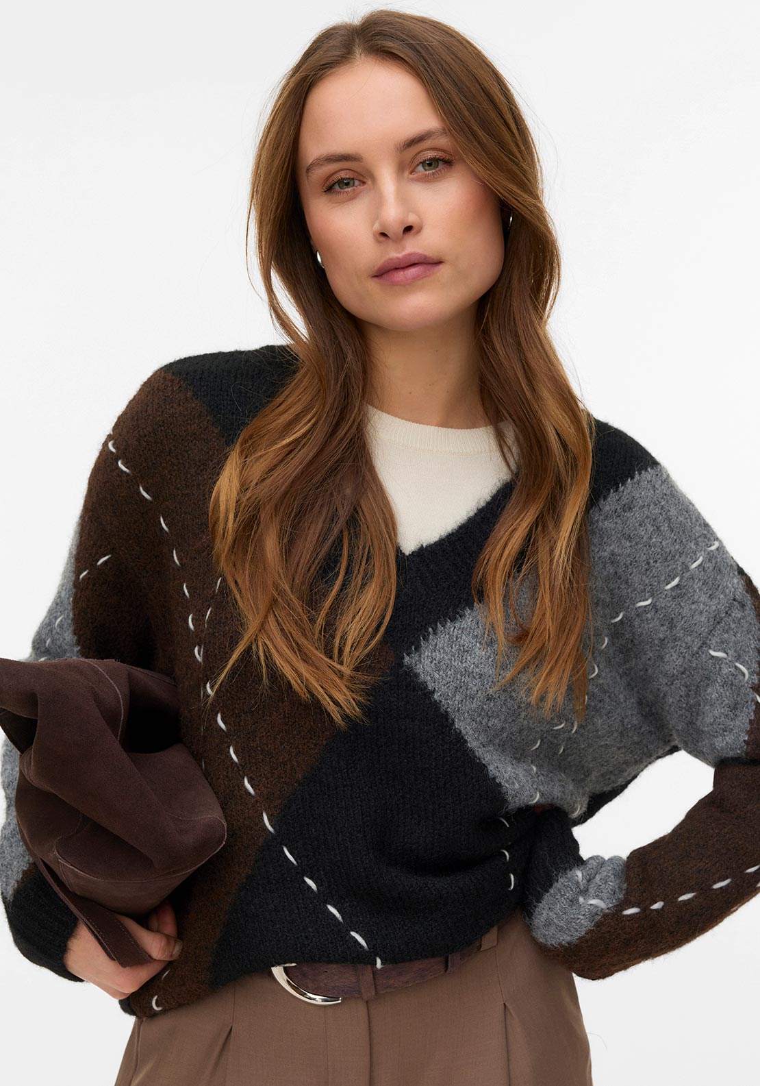 Vero Moda Bliss V-Neck Handstitch Pullover, Grey Multi