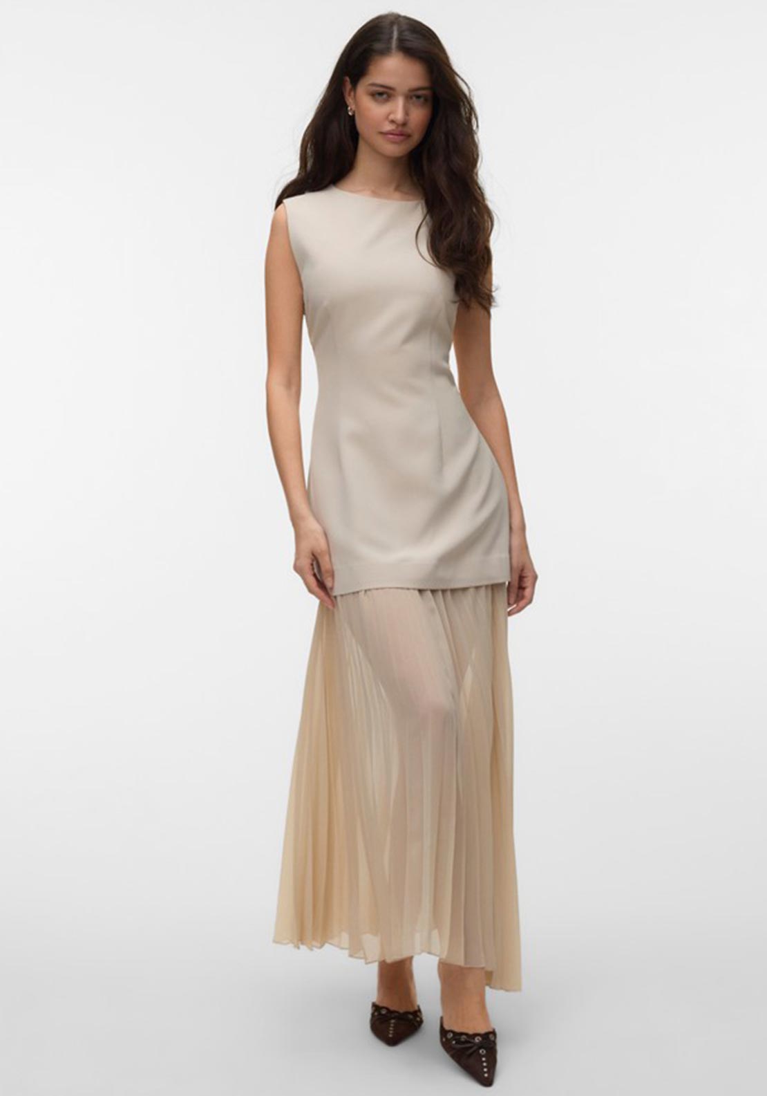 Vero Moda Fiva Pleated Contrast Long Dress, Cream