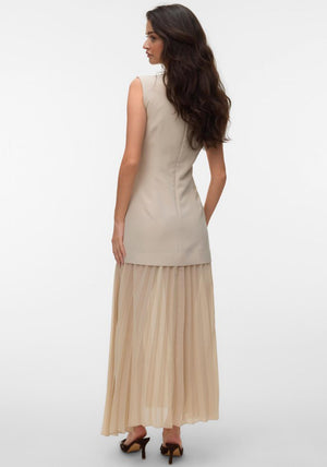 Vero Moda Fiva Pleated Contrast Long Dress, Cream