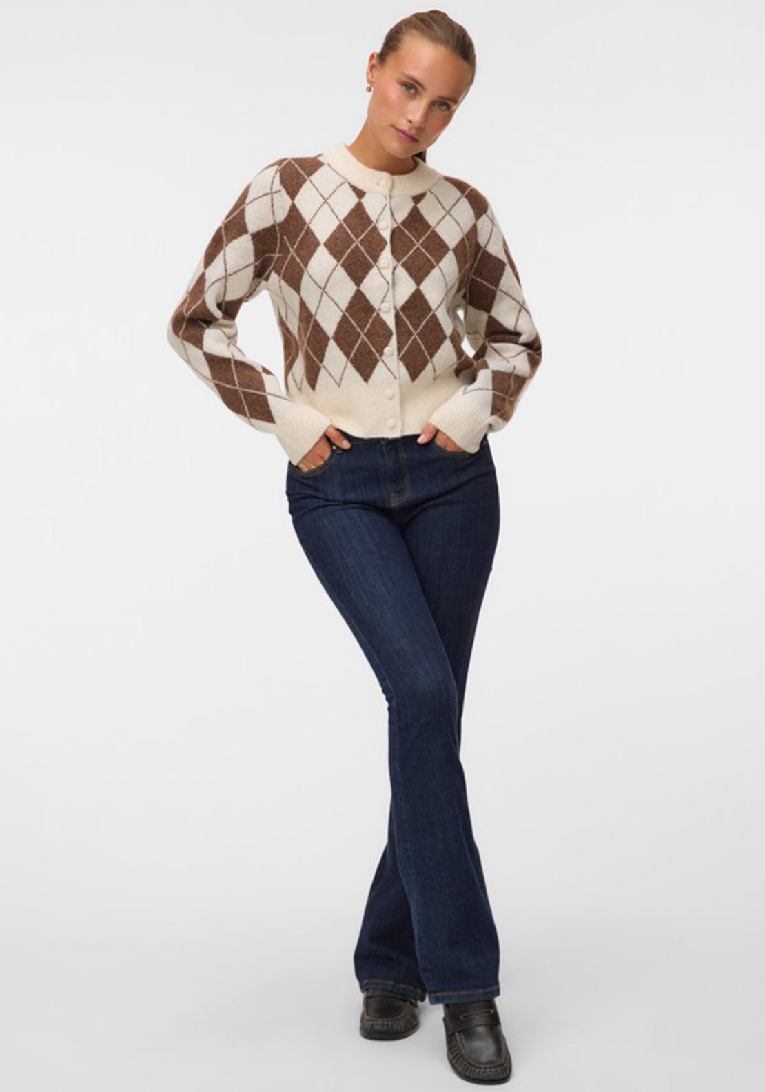 Vero Moda Halo Argyle Print Knitted Cardigan, Cream & Brown