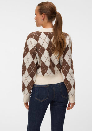 Vero Moda Halo Argyle Print Knitted Cardigan, Cream & Brown