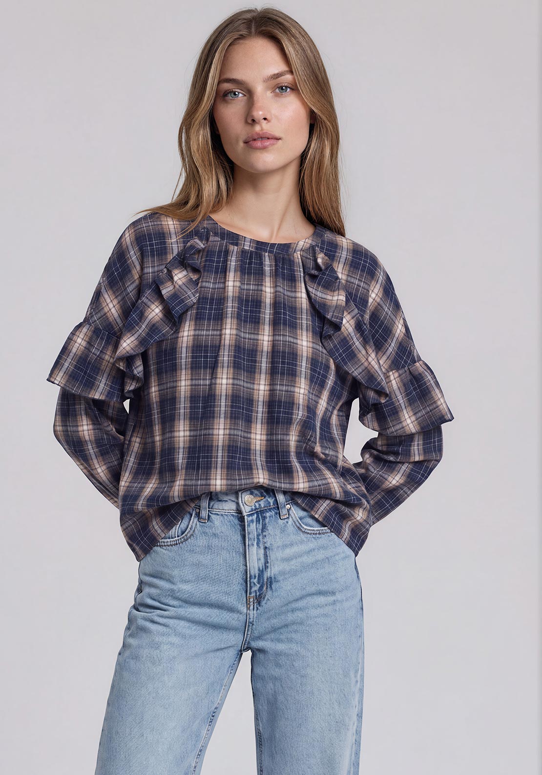 Vero Moda Tilda Check Frill Detail Blouse, Navy