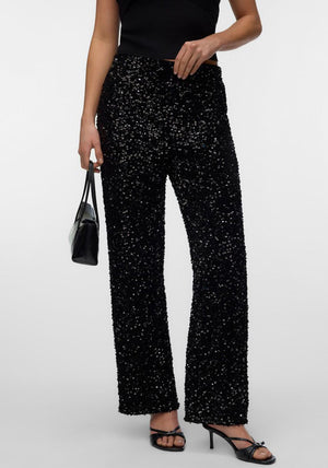 Vero Moda Bella Sequin Wide Leg Trousers, Black