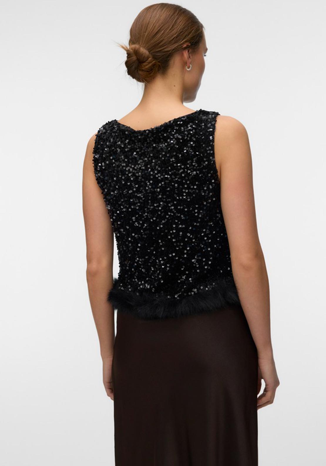 Vero Moda Bella Sequin Faux Fur Trim Top, Black