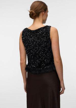 Vero Moda Bella Sequin Faux Fur Trim Top, Black
