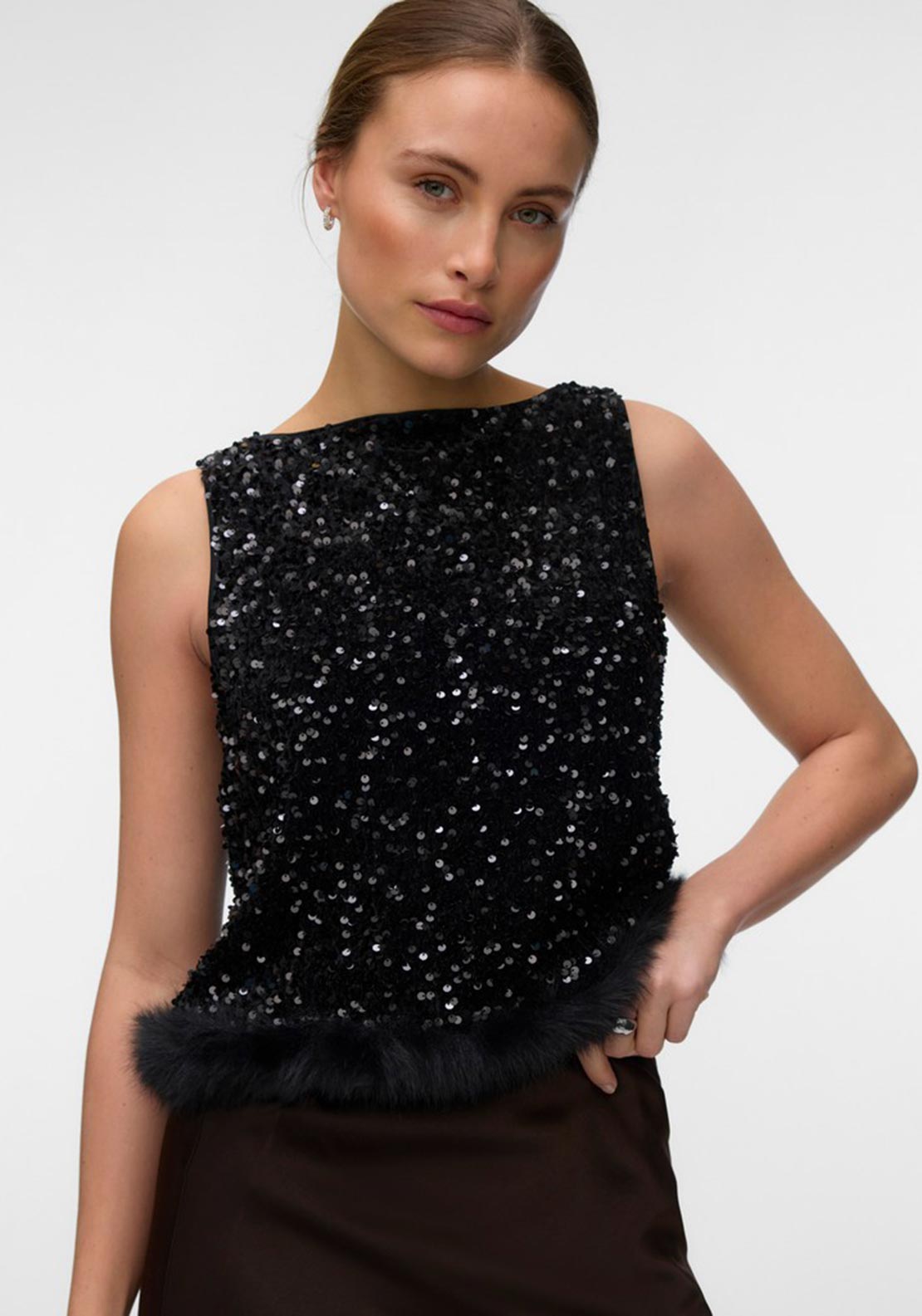 Vero Moda Bella Sequin Faux Fur Trim Top, Black