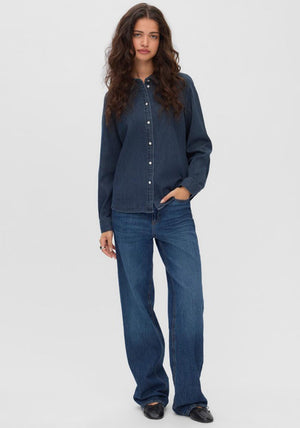 Vero Moda Maria Rhinestone Button Slim Shirt, Dark Blue