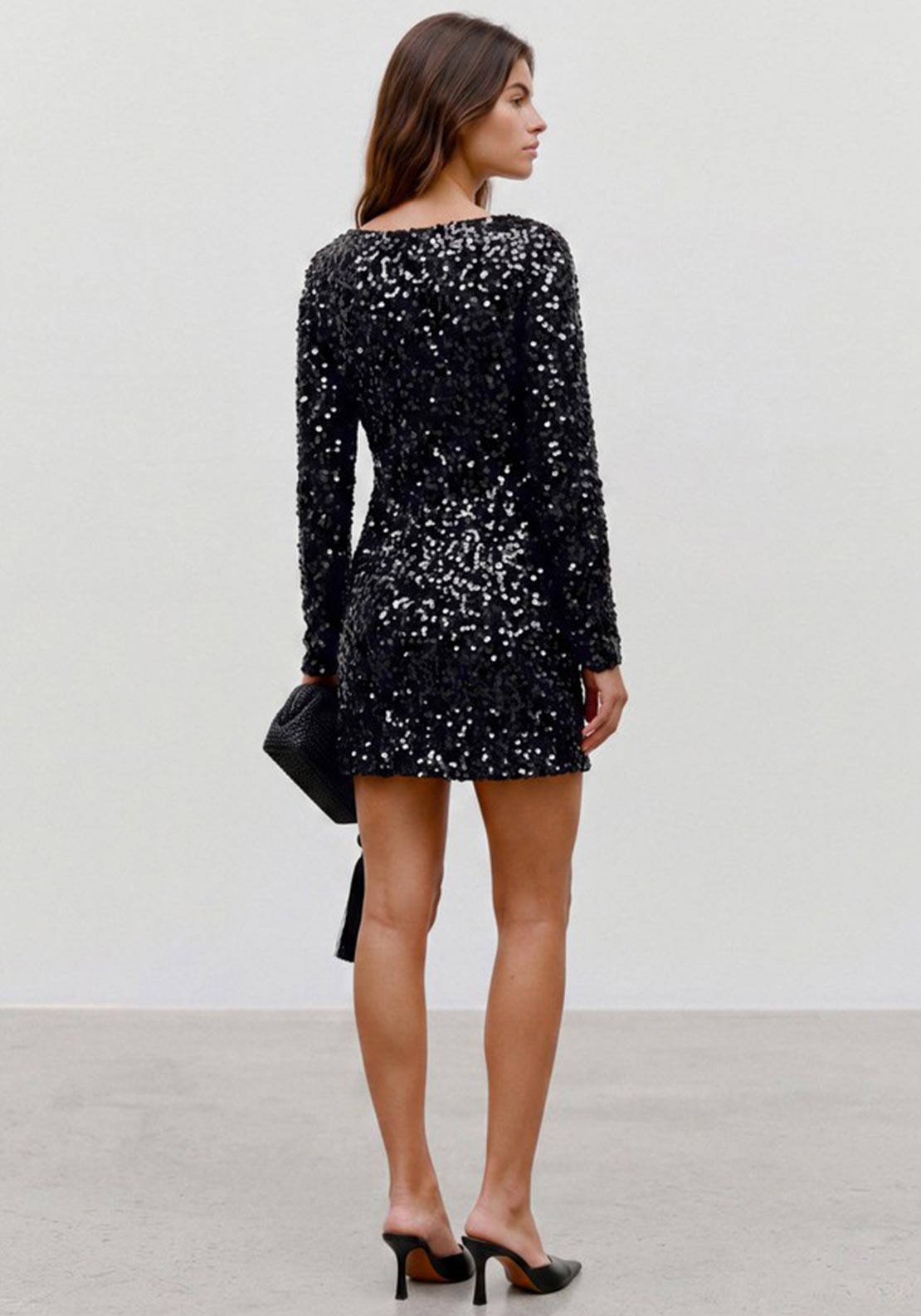 Vero Moda Belle Sequin Long Sleeve Mini Dress, Black