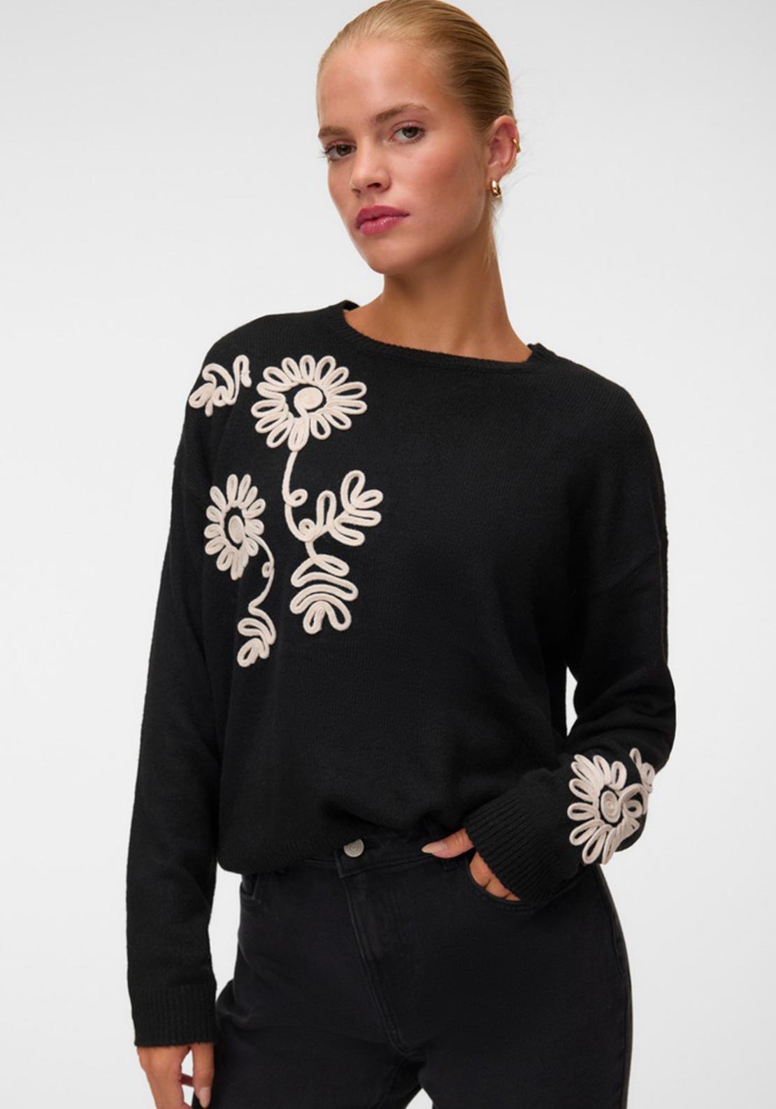 Vero Moda Lia Flower Knit Jumper, Black