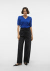 Vero Moda Elly V-Neck Puff Sleeve Knitted Sweater, Dark Blue