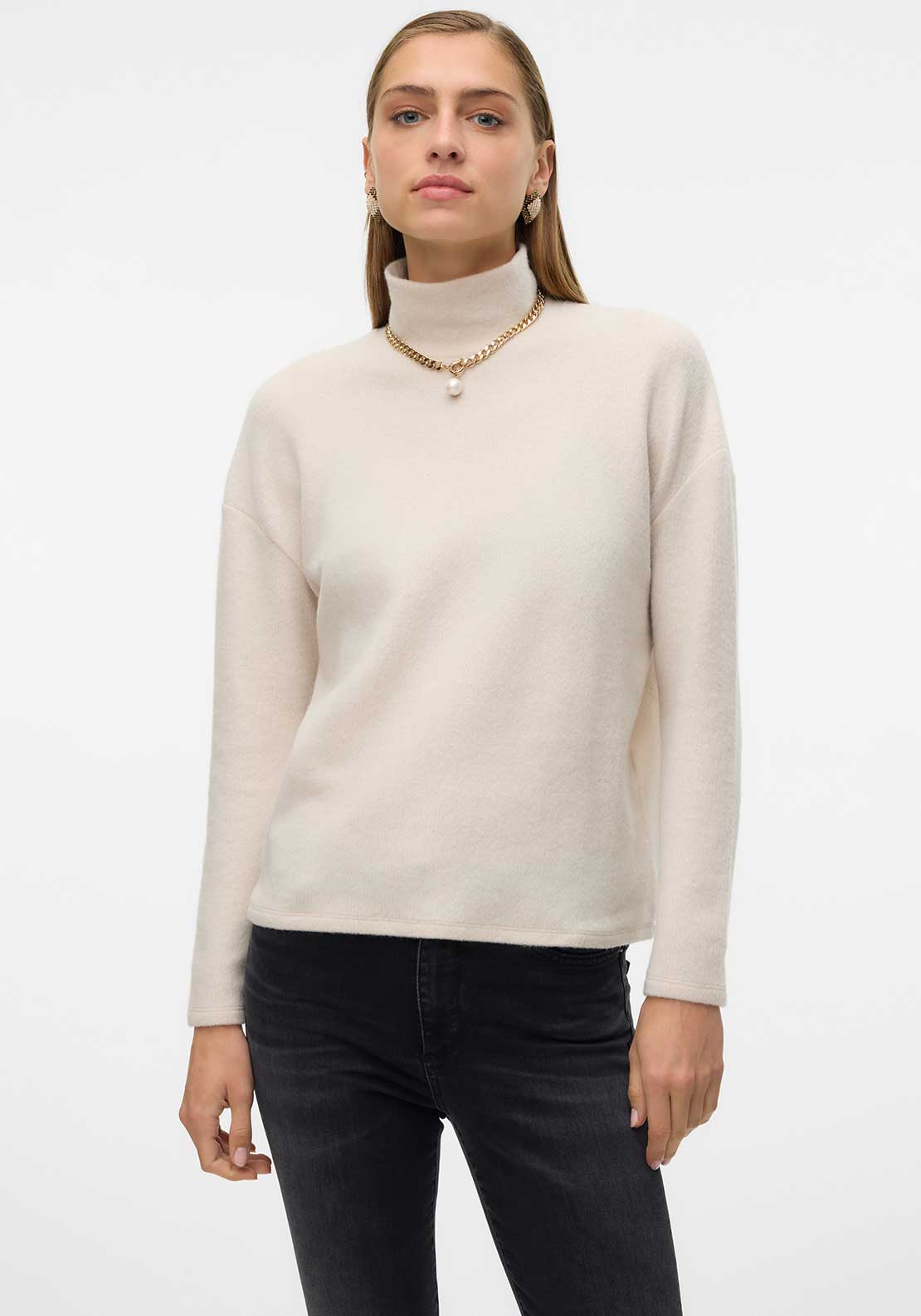 Vero Moda Ebba Polo Neck Fleece Sweater, Beige
