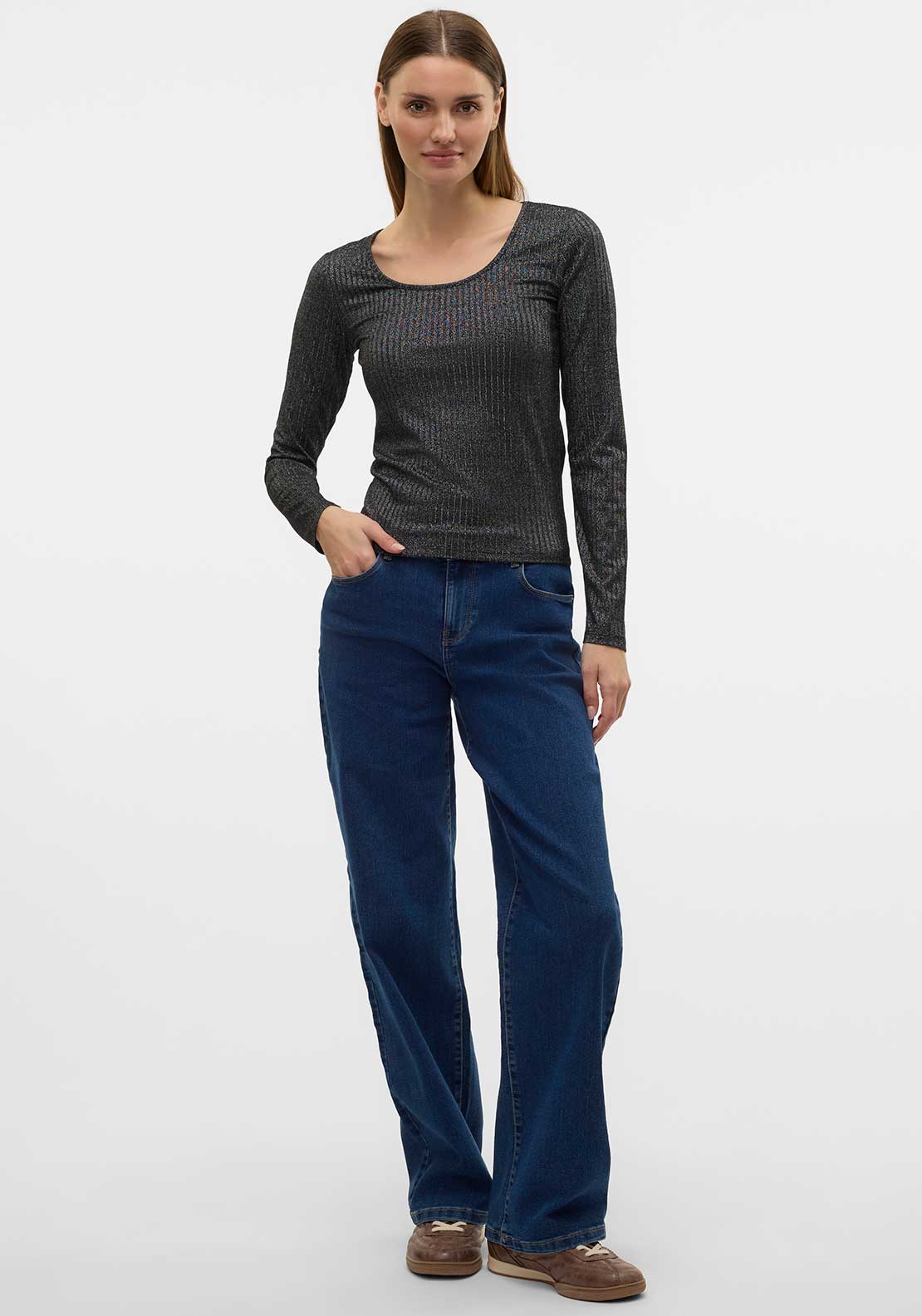 Vero Moda Cora Ribbed Glitter Top, Black