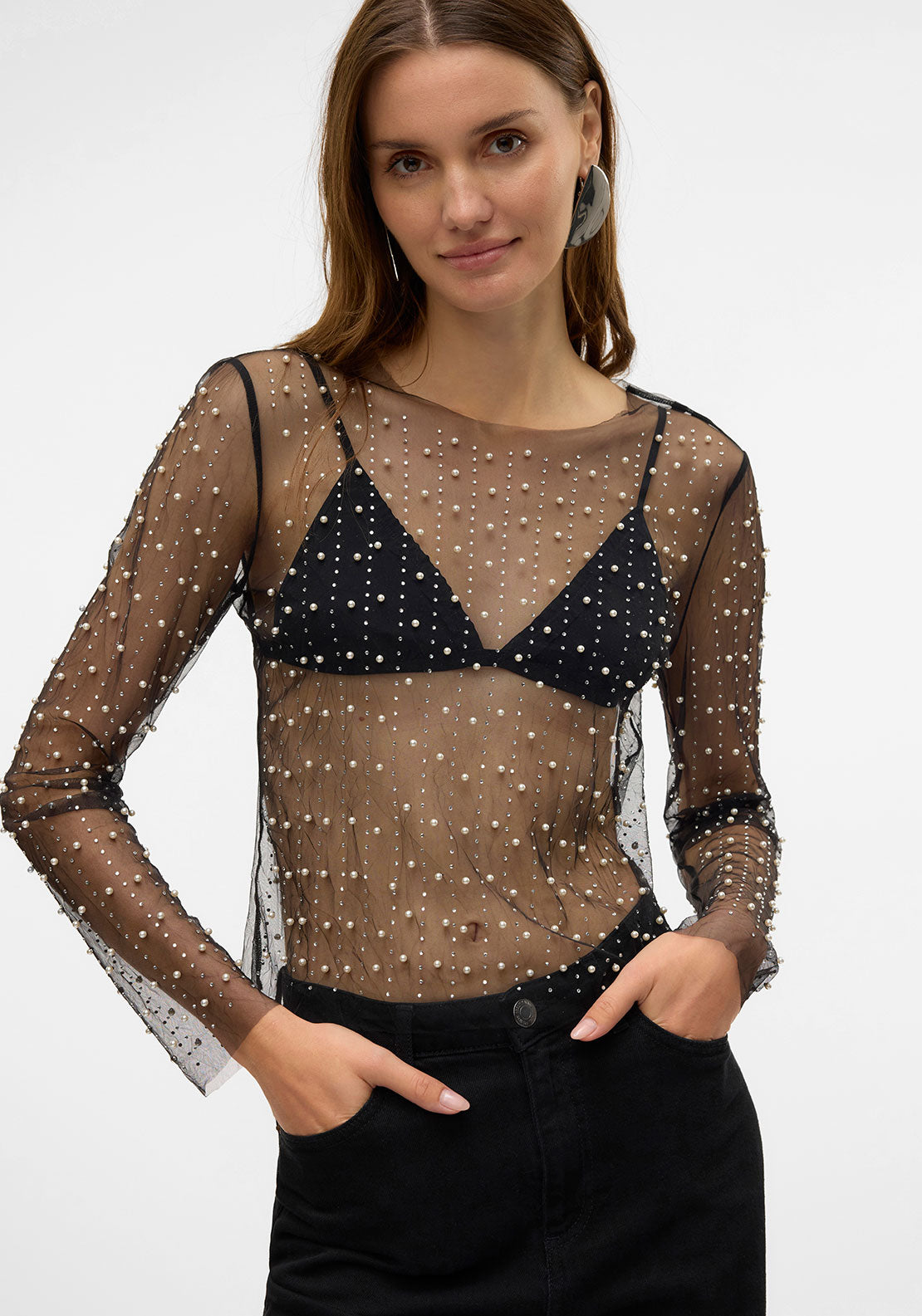 Vero Moda Berry Embellished Sheer Mesh Top, Black
