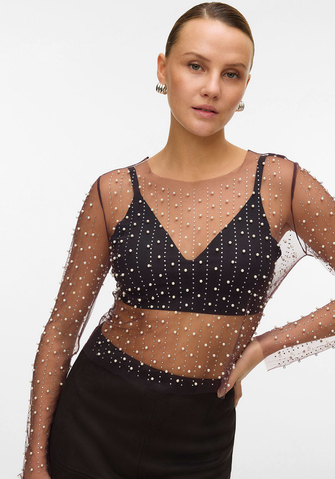 Vero Moda Berry Embellished Sheer Mesh Top, Wine