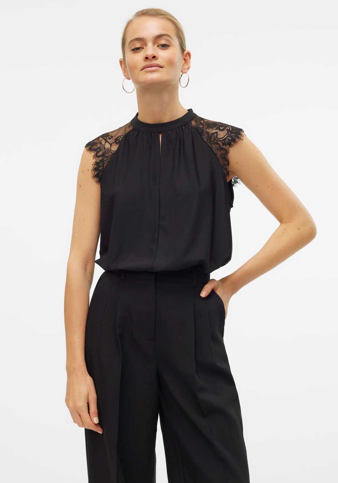 Vero Moda Milla High Neck Lace Sleeve Top, Black