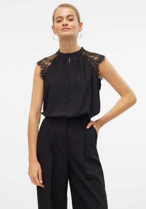 Vero Moda Milla High Neck Lace Sleeve Top, Black